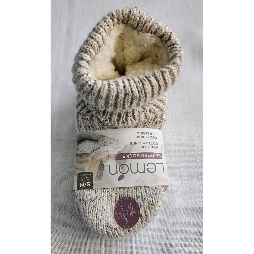 Lemon Women's S/M 5-7 Knitted Slipper Socks Non-Slip Cozy Faux Fur Lining NWT B4